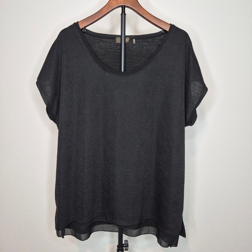 Crosby Charcoal Black Layered Knit Top Short Sleeve Chiffon Hem Blouse Indie 2X